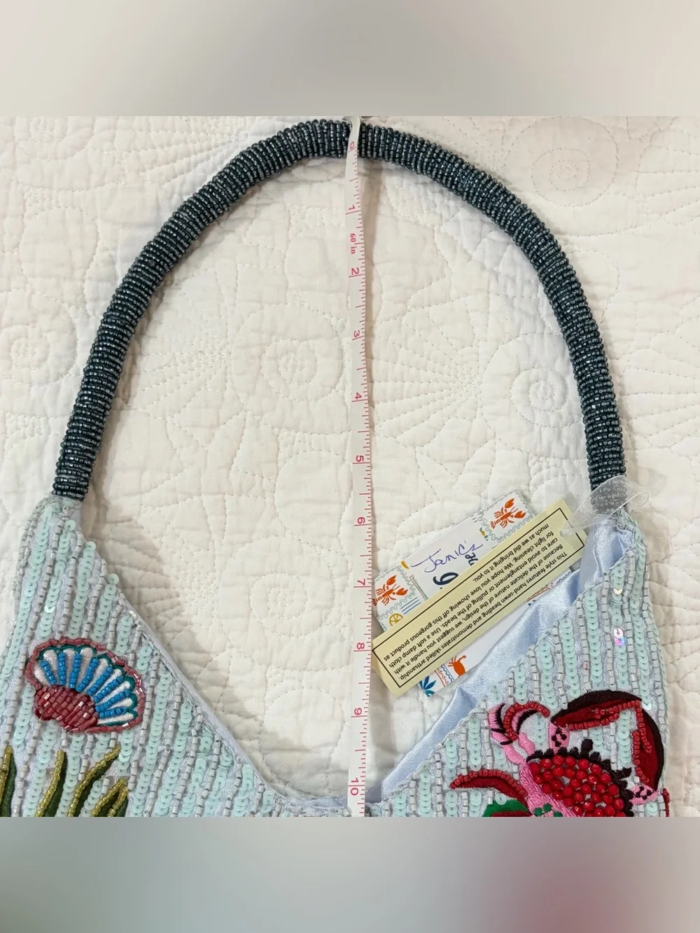 NWT Made in India Beaded Ocean Tote Handbag with Turtle & Shell Motif - Aqua - Picture 7 of 8